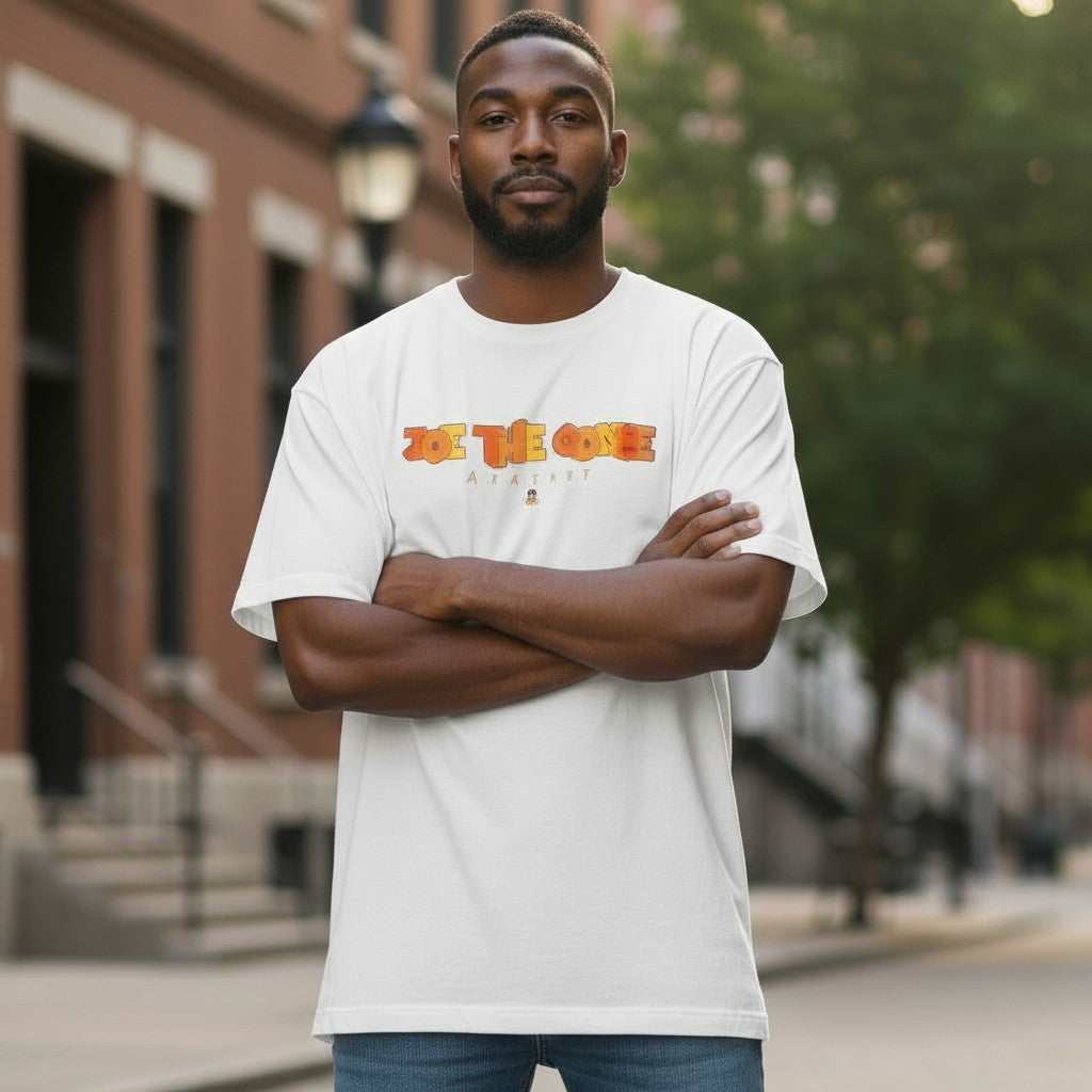 A man wearing a white Joe the Goose Apparel Stained Glass Goose graphic t-shirt with arms crossed outdoors.