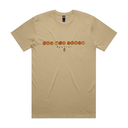 Joe the Goose Apparel tan 100% combed cotton classic fit t-shirt with circular logo graphic.