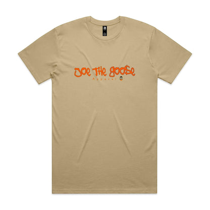 Joe the Goose Apparel tan 100% combed cotton classic fit t-shirt with orange graffiti logo