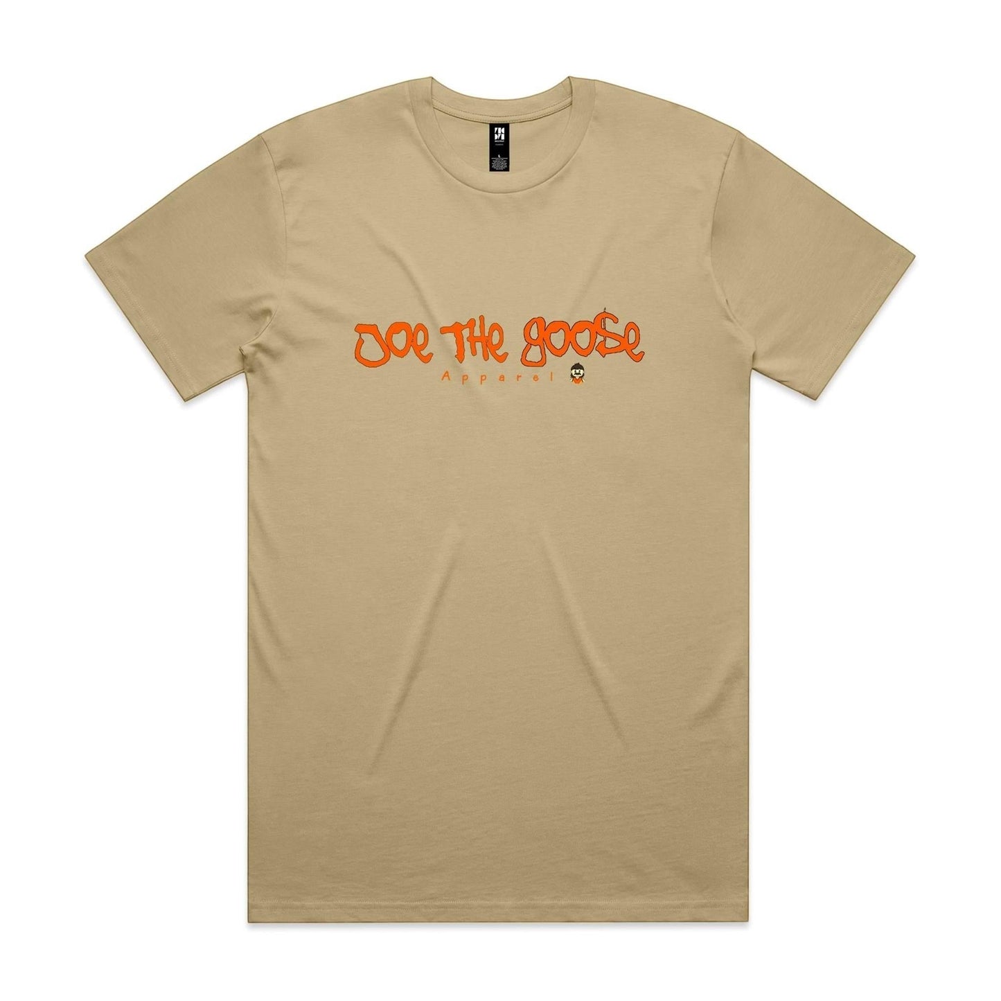 Joe the Goose Apparel tan 100% combed cotton classic fit t-shirt with orange graffiti logo