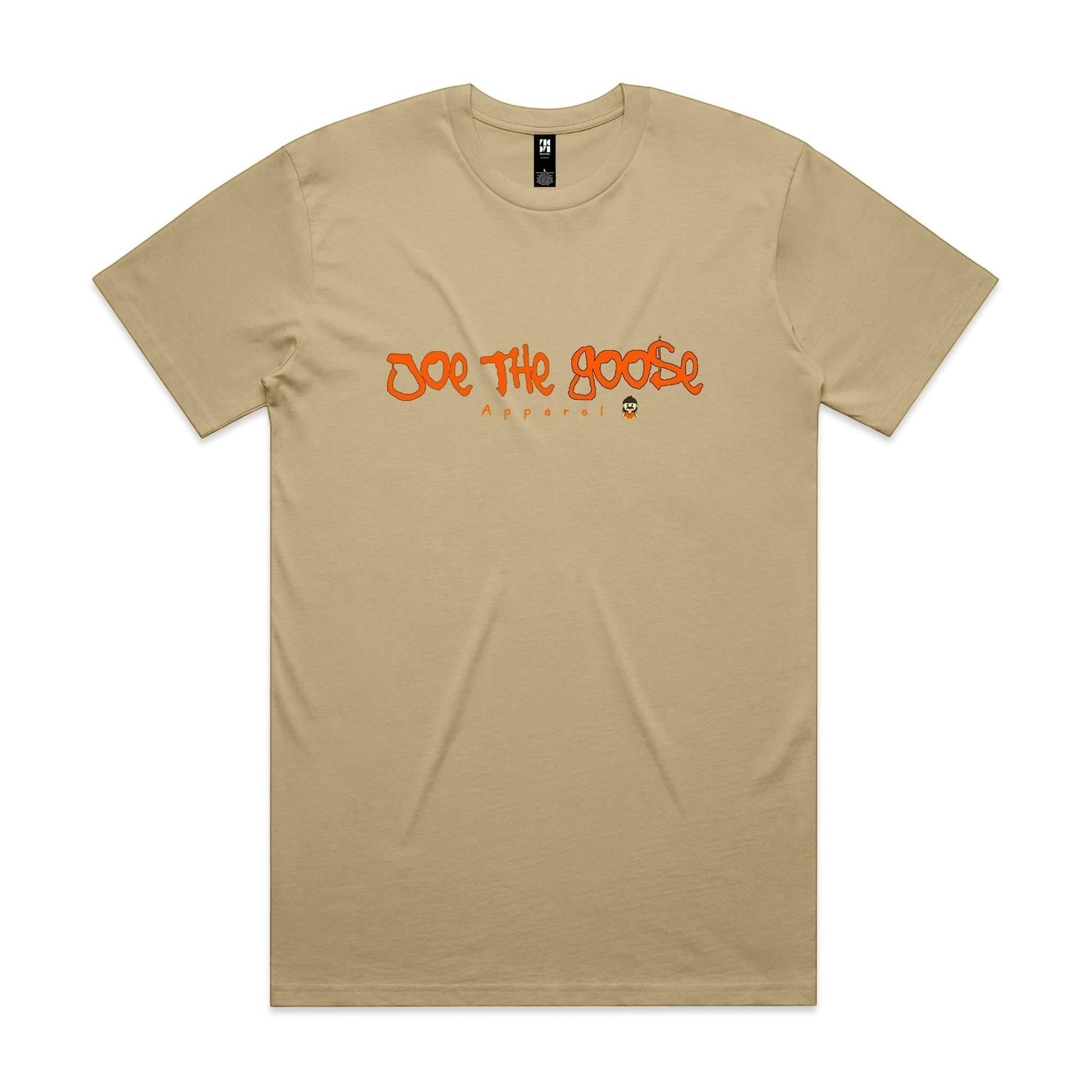 Joe the Goose Apparel tan 100% combed cotton classic fit t-shirt with orange graffiti logo