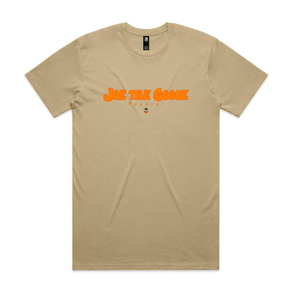 Joe the Goose Apparel tan 100% combed cotton classic fit t-shirt with orange fat lettering graphic.