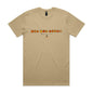 Joe the Goose Apparel tan 100% combed cotton t-shirt with orange circular text logo and small goose graphic.