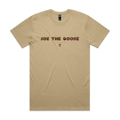 Joe the Goose Apparel classic tan cotton t-shirt with orange and black text logo and small goose graphic.