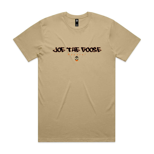 Joe the Goose Apparel classic tan 100% combed cotton t-shirt with graffiti-style logo and small goose graphic.