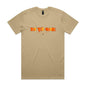 Joe the Goose Apparel tan cotton t-shirt with orange and yellow stained glass goose logo and "Apparel" text below.