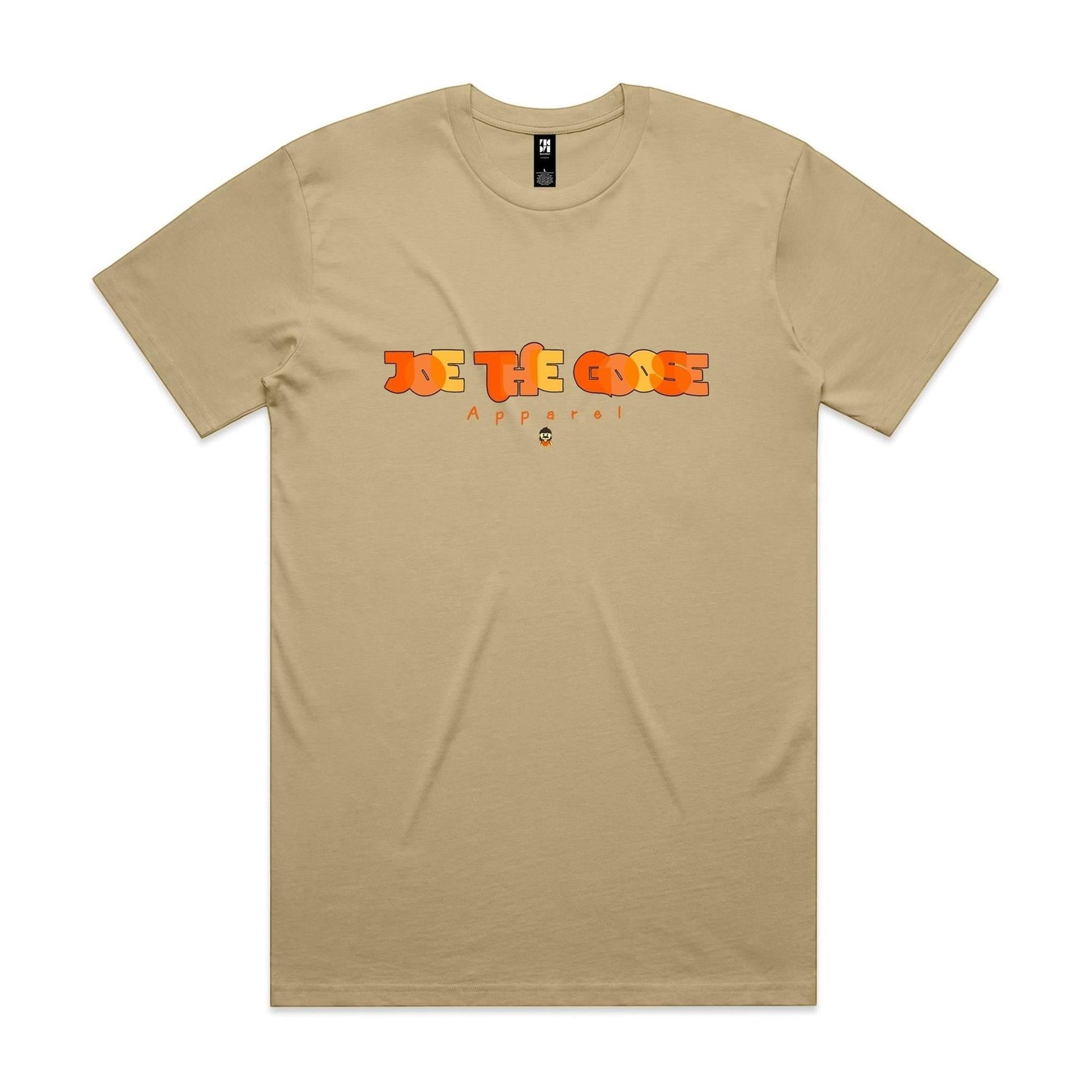 Joe the Goose Apparel tan cotton t-shirt with orange and yellow stained glass goose logo and "Apparel" text below.