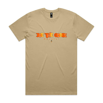 Joe the Goose Apparel tan cotton t-shirt with orange and yellow stained glass goose logo and "Apparel" text below.