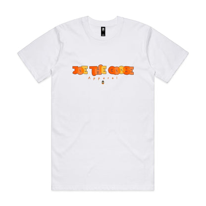 Joe the Goose Apparel white classic fit 100% cotton t-shirt with orange and yellow stained glass goose graphic.