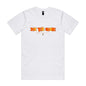 Joe the Goose Apparel white classic fit 100% cotton t-shirt with orange and yellow stained glass goose graphic.