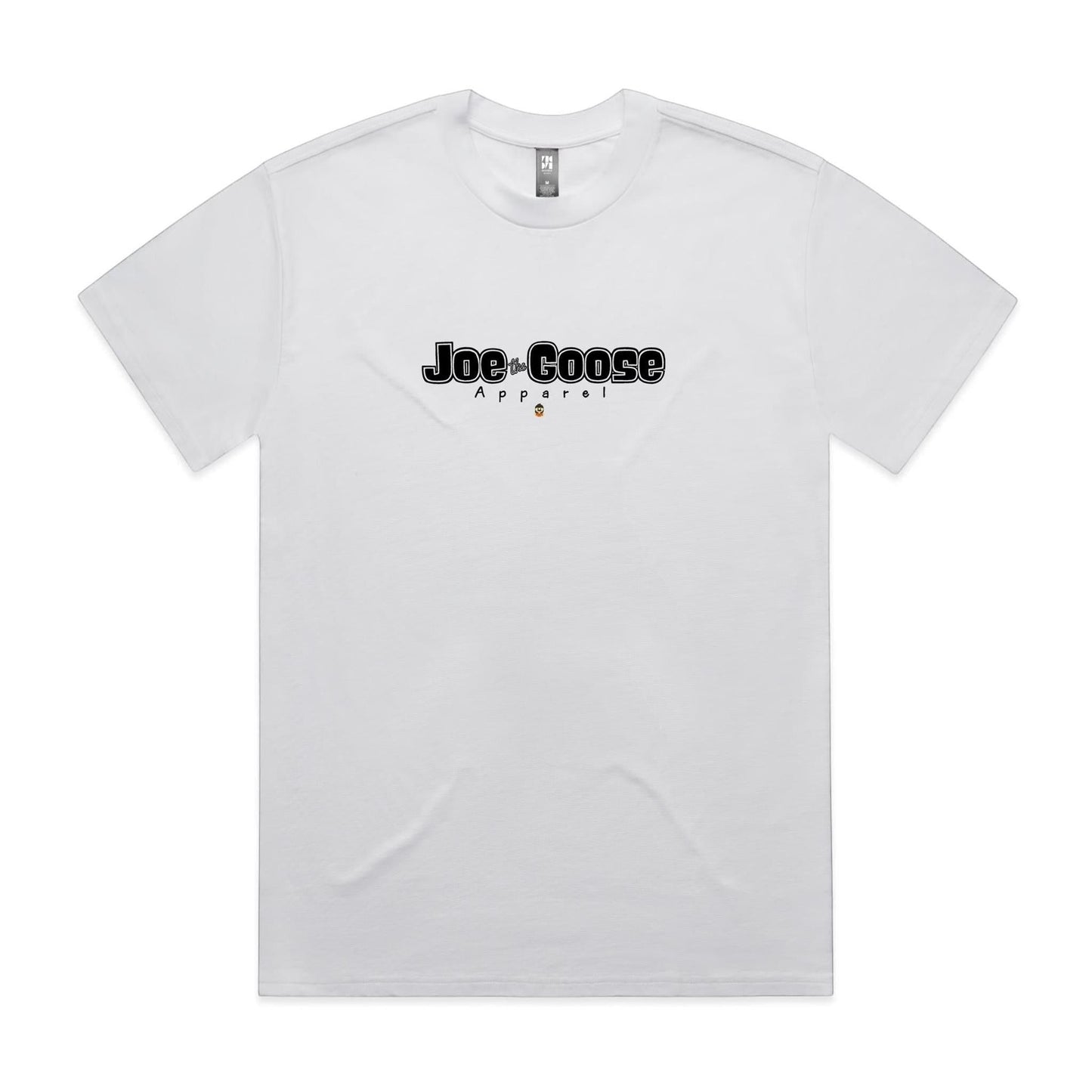 Joe the Goose Apparel heavy cotton t-shirt in white with black logo and small goose graphic.