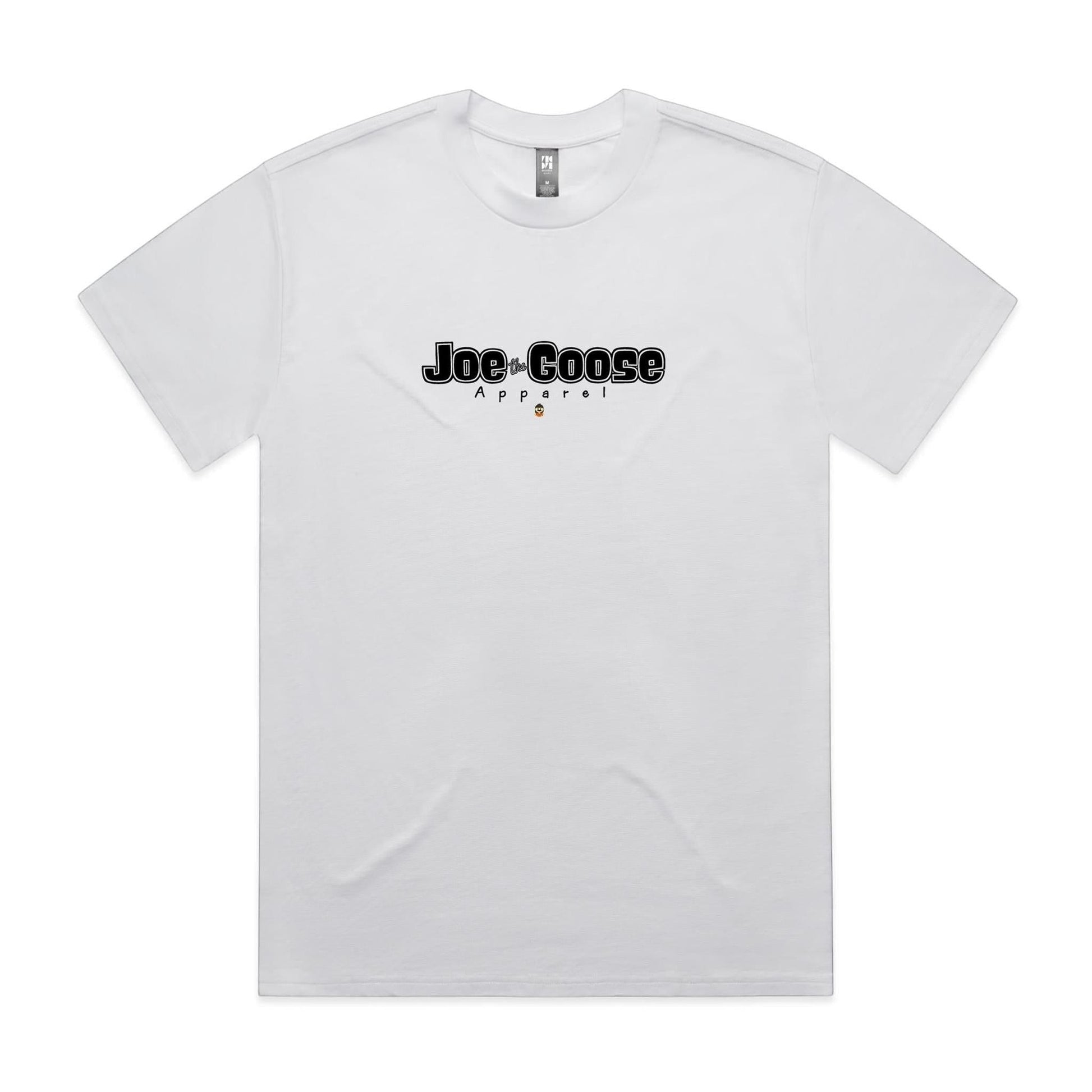 Joe the Goose Apparel heavy cotton t-shirt in white with black logo and small goose graphic.