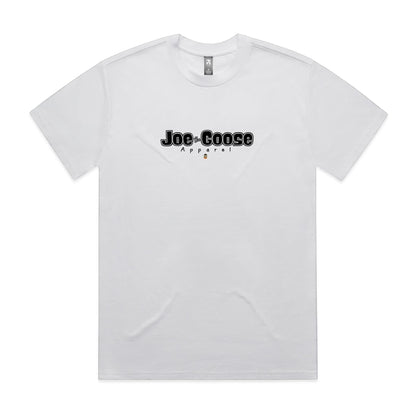 Joe the Goose Apparel heavy cotton t-shirt in white with black logo and small goose graphic.