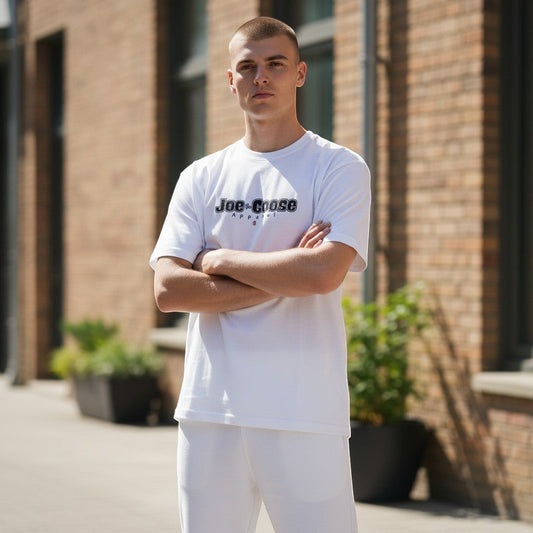 Joe the Goose Apparel white 100% cotton heavy tee with black logo and small goose graphic.