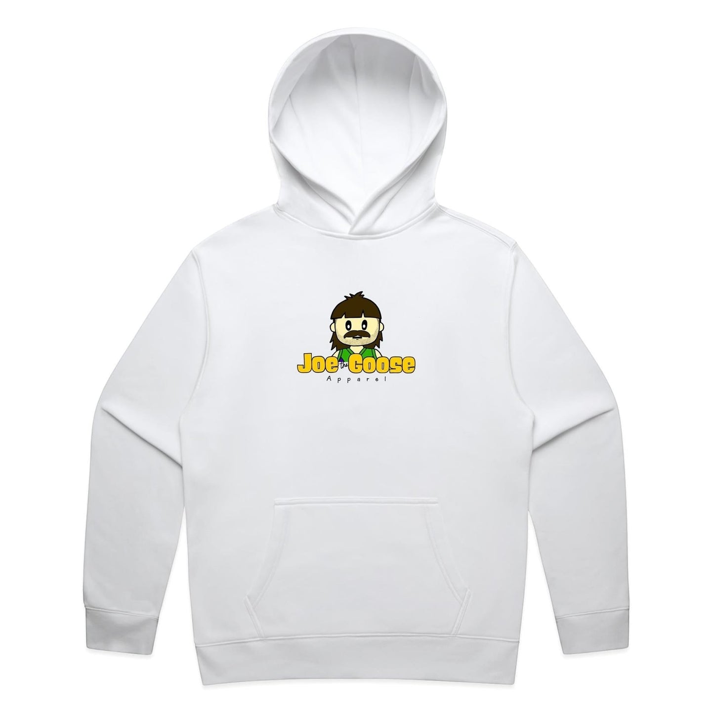 Joe the Goose Apparel white cotton blend hoodie with cartoon logo and kangaroo pocket.