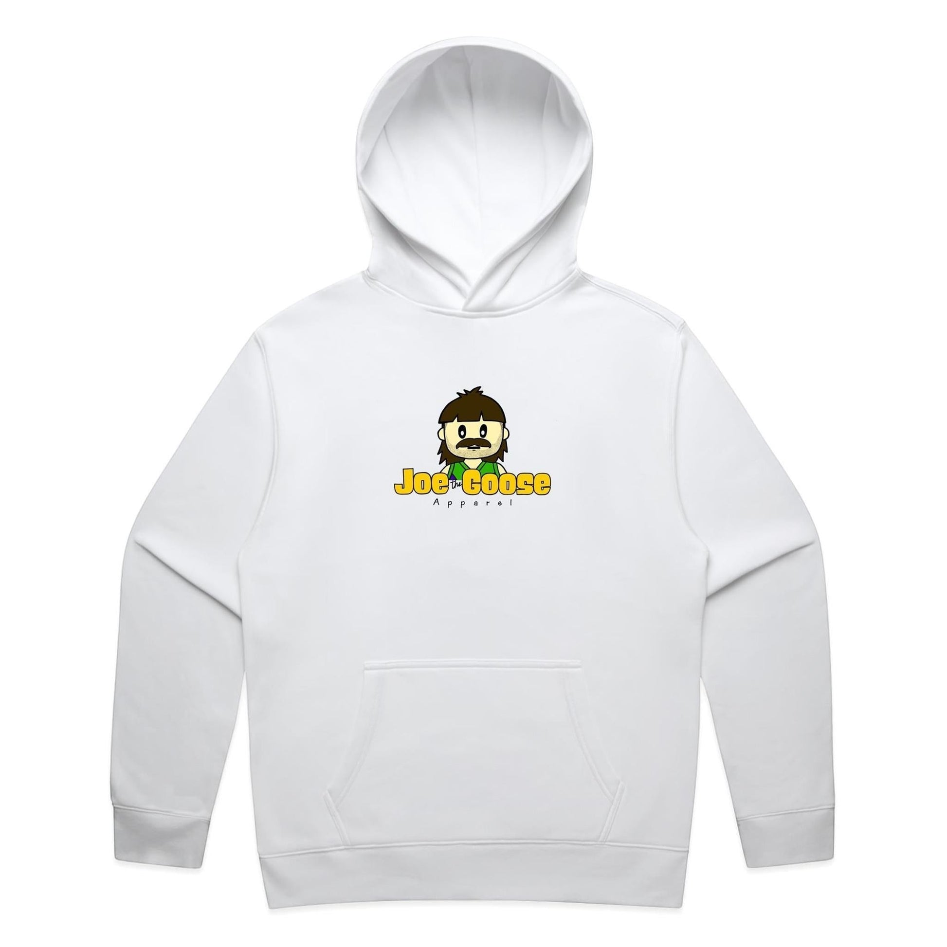 Joe the Goose Apparel white cotton blend hoodie with cartoon logo and kangaroo pocket.