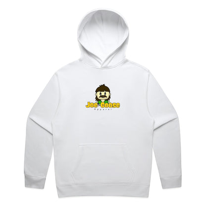 Joe the Goose Apparel white cotton blend hoodie with cartoon logo and kangaroo pocket.