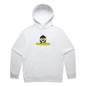 Joe the Goose Apparel white cotton blend hoodie with cartoon logo and kangaroo pocket.