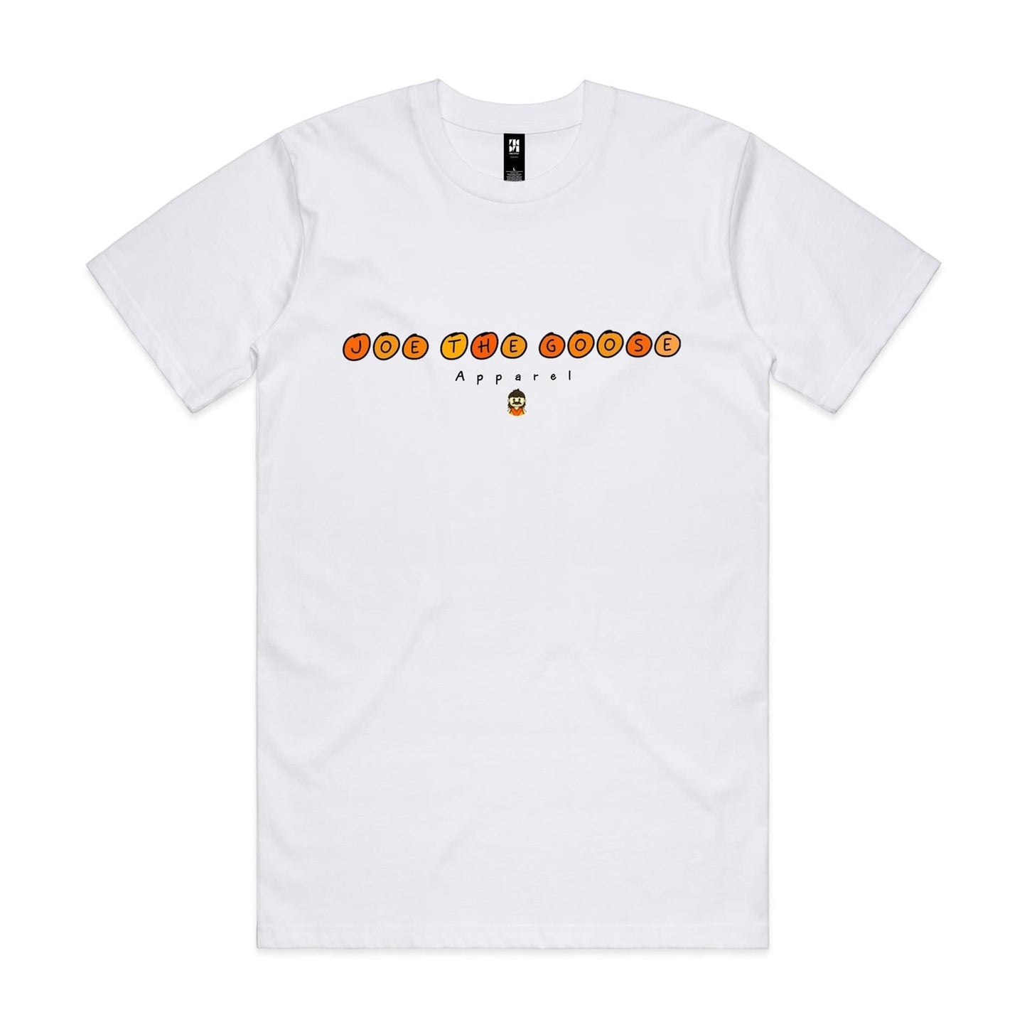 Joe the Goose Apparel white 100% combed cotton classic fit t-shirt with orange circular text logo and small character graphic.