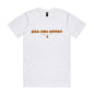 Joe the Goose Apparel white 100% combed cotton classic fit t-shirt with orange circular text logo and small character graphic.