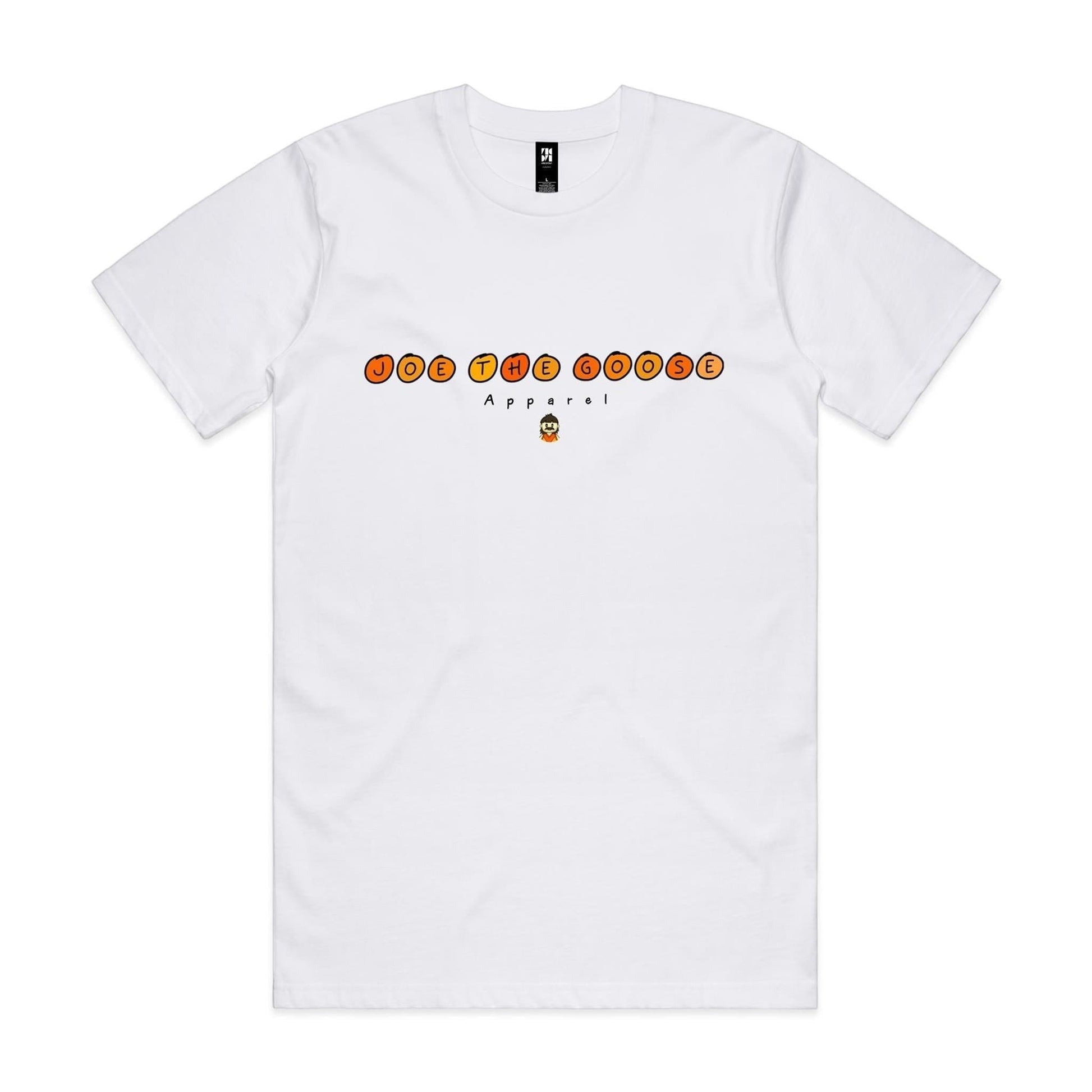 Joe the Goose Apparel white 100% combed cotton classic fit t-shirt with orange circular text logo and small character graphic.
