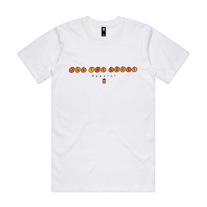 Joe the Goose Apparel white 100% combed cotton classic fit t-shirt with orange circular text logo and small character graphic.