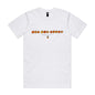 Joe the Goose Apparel white 100% combed cotton classic fit t-shirt with orange circular text logo and small character graphic.