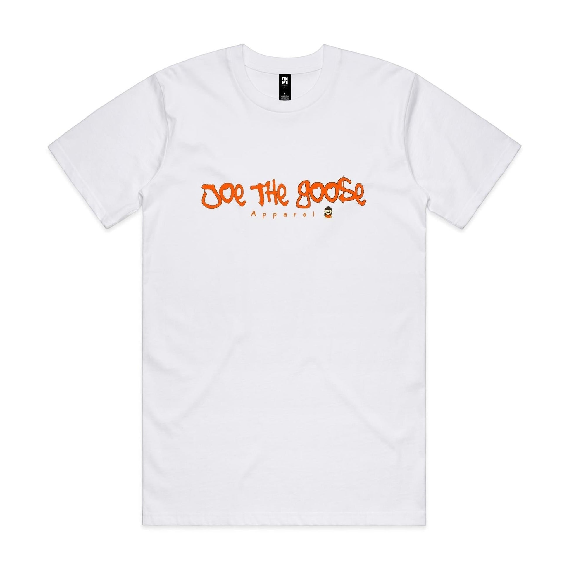 Joe the Goose Apparel white 100% combed cotton t-shirt with orange graffiti logo and regular fit.
