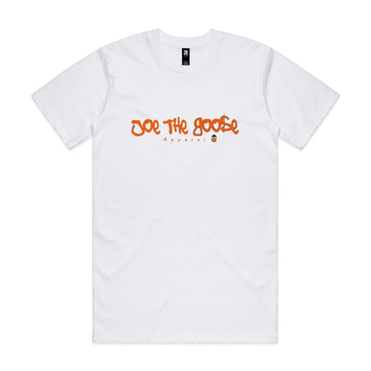 Joe the Goose Apparel white 100% combed cotton t-shirt with orange graffiti logo and regular fit.