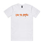 Joe the Goose Apparel white 100% combed cotton t-shirt with orange graffiti logo and regular fit.