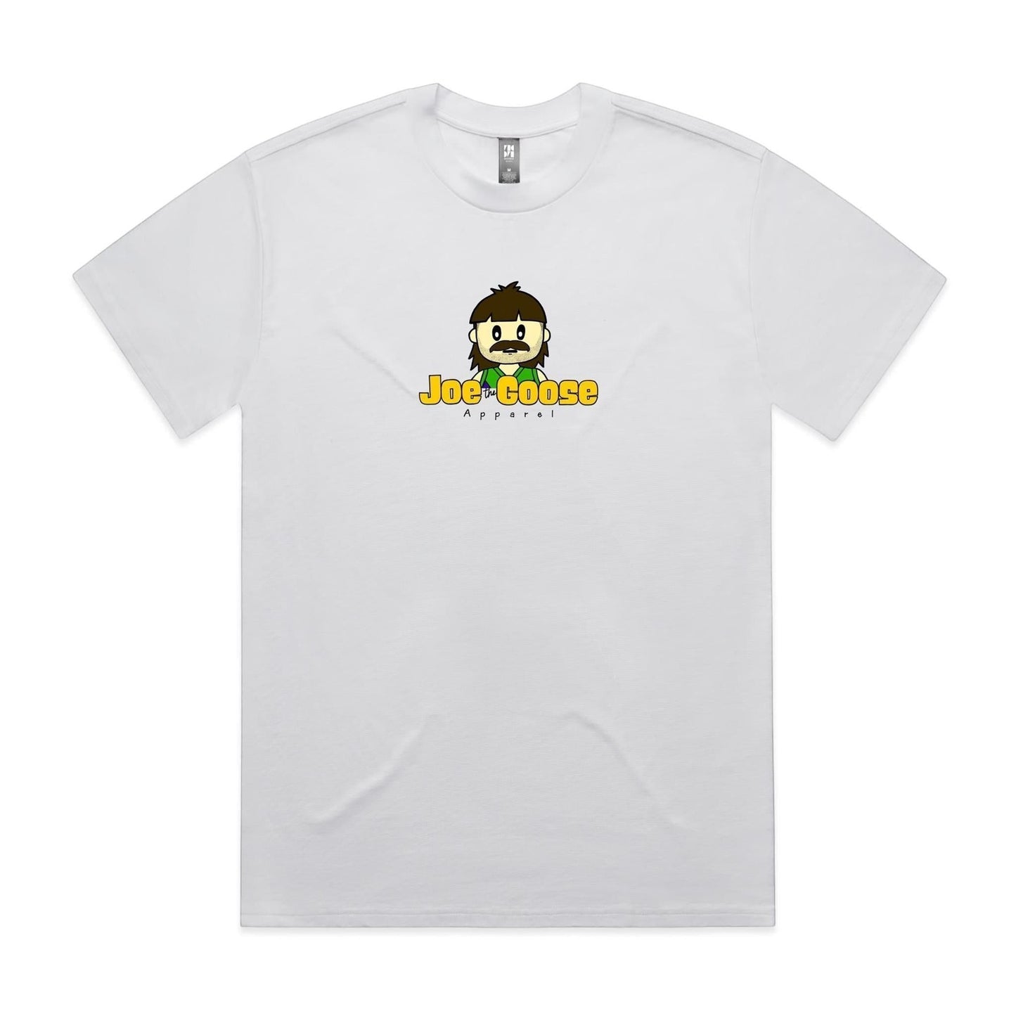 Joe the Goose Apparel white heavy weight 100% cotton t-shirt with a cartoon character logo on the chest.