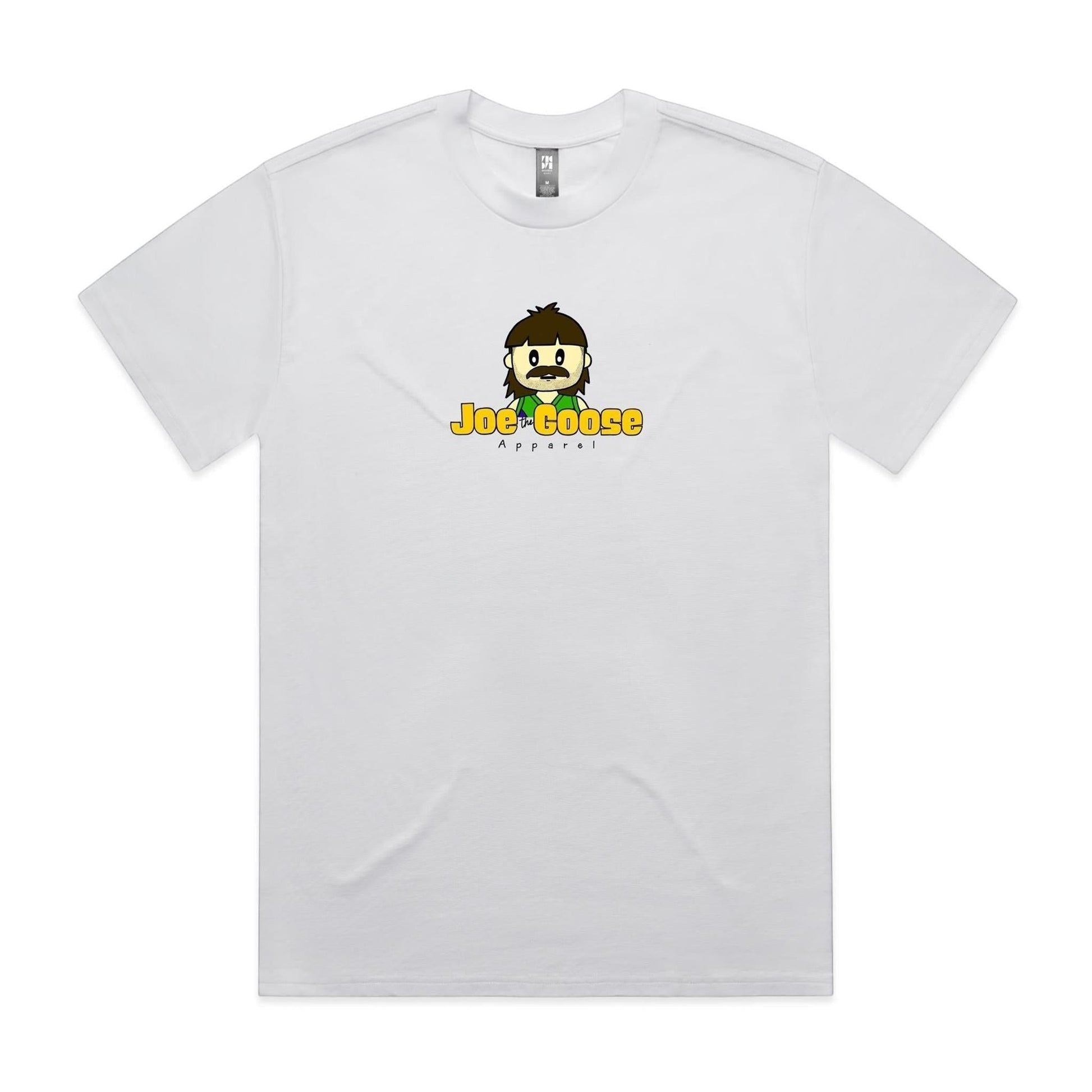Joe the Goose Apparel white heavy weight 100% cotton t-shirt with a cartoon character logo on the chest.