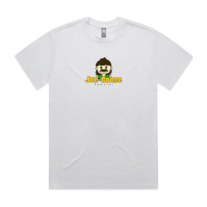 Joe the Goose Apparel white heavy weight 100% cotton t-shirt with a cartoon character logo on the chest.