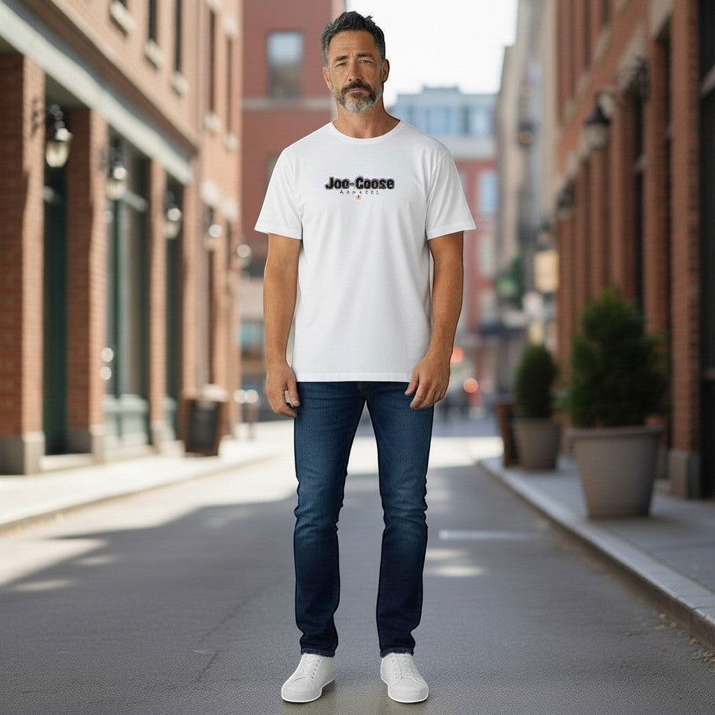 Joe the Goose Apparel white 100% cotton heavy tee with black and red logo on chest. Relaxed fit.