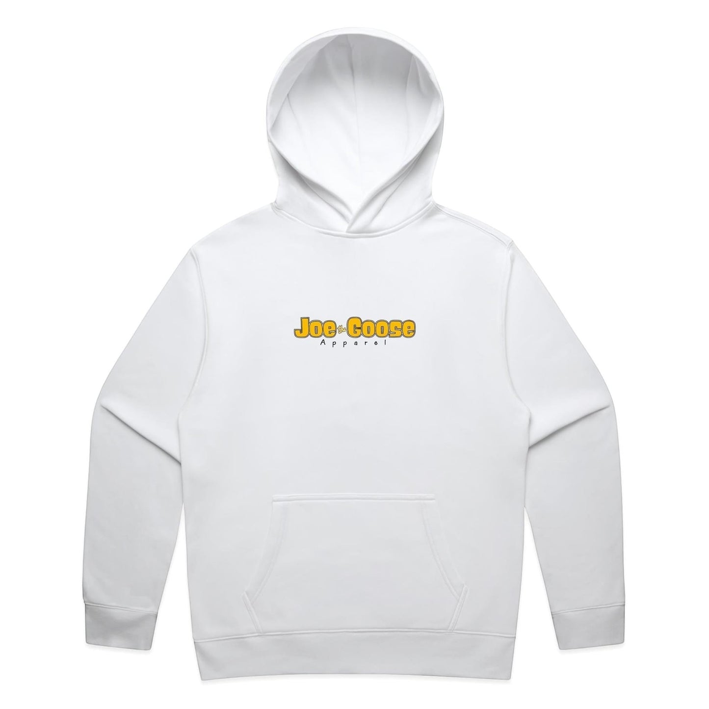 Joe the Goose Apparel white cotton blend pullover hoodie with yellow logo and kangaroo pocket.