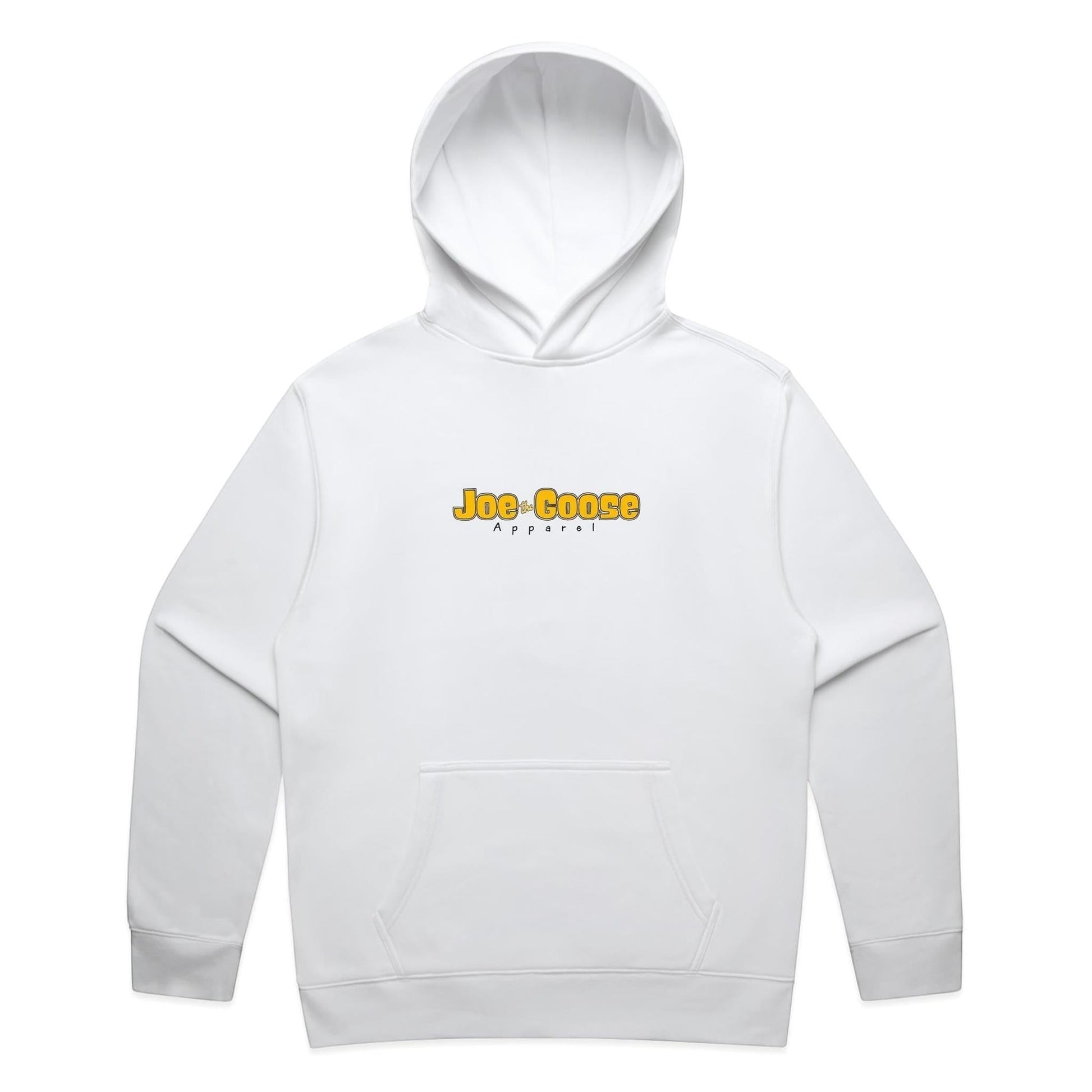 Joe the Goose Apparel white cotton blend pullover hoodie with yellow logo and kangaroo pocket.
