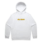 Joe the Goose Apparel white cotton blend pullover hoodie with yellow logo and kangaroo pocket.