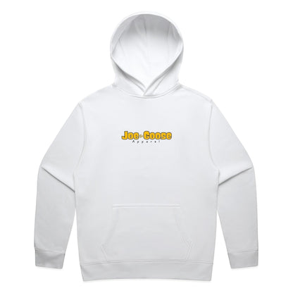 Joe the Goose Apparel white cotton blend pullover hoodie with yellow logo and kangaroo pocket.
