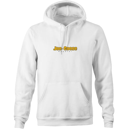 Joe the Goose Apparel white unisex pocket hoodie with yellow and gold logo on chest. 80% cotton, 20% polyester fleece.