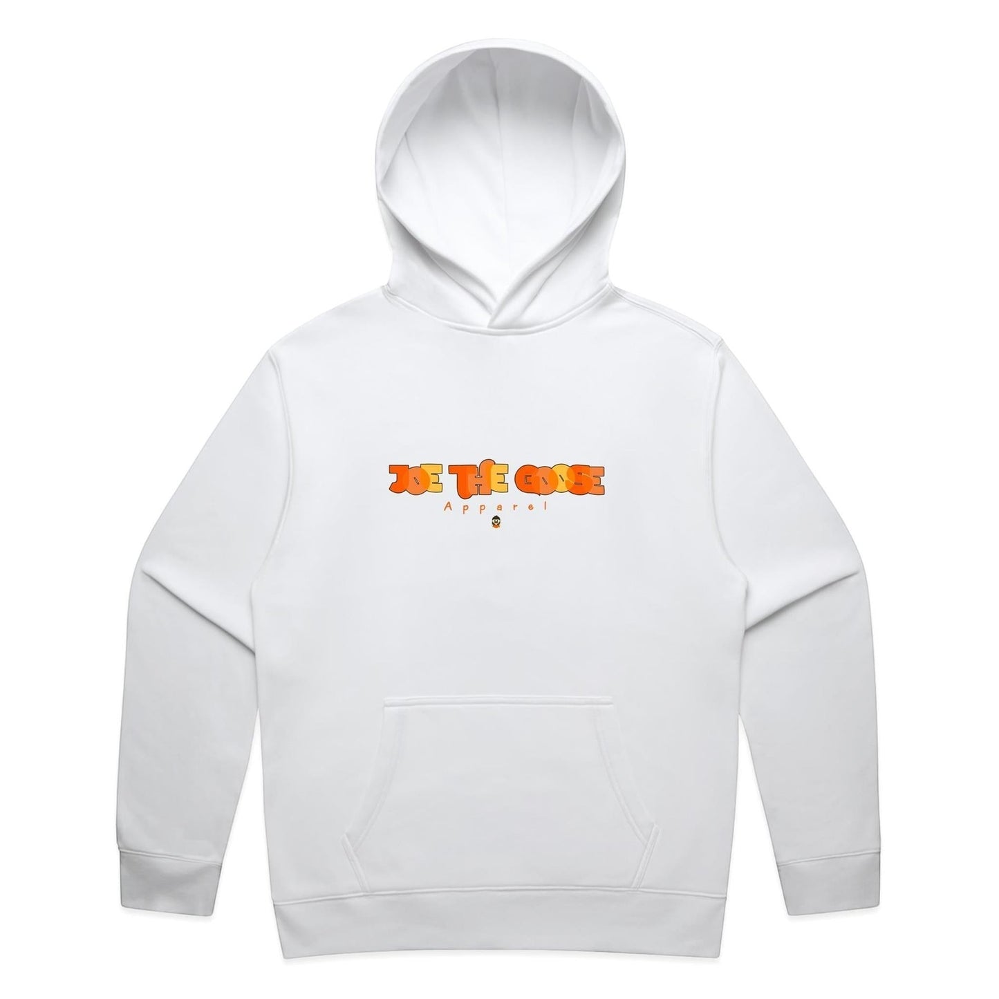 Joe the Goose Apparel white cotton blend relaxed fit hoodie with kangaroo pocket and graphic logo.