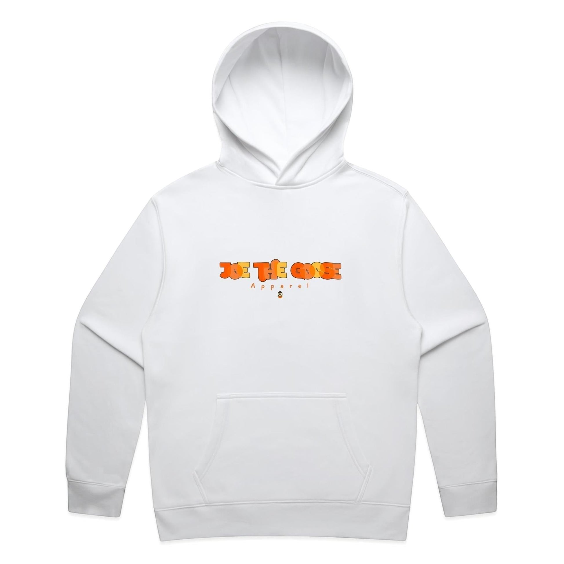 Joe the Goose Apparel white cotton blend relaxed fit hoodie with graphic logo on chest and kangaroo pocket.
