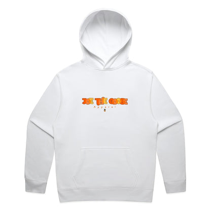 Joe the Goose Apparel white cotton blend relaxed fit hoodie with graphic logo on chest and kangaroo pocket.