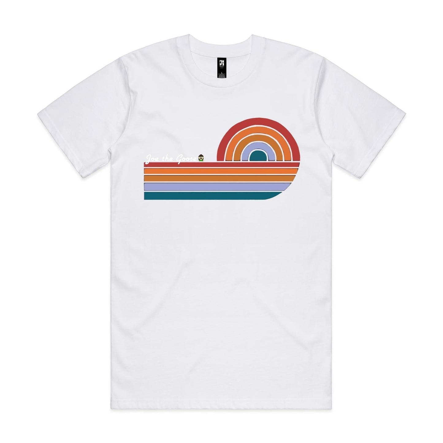 Joe the Goose Apparel white 100% combed cotton classic tee with retro wave graphic and text.