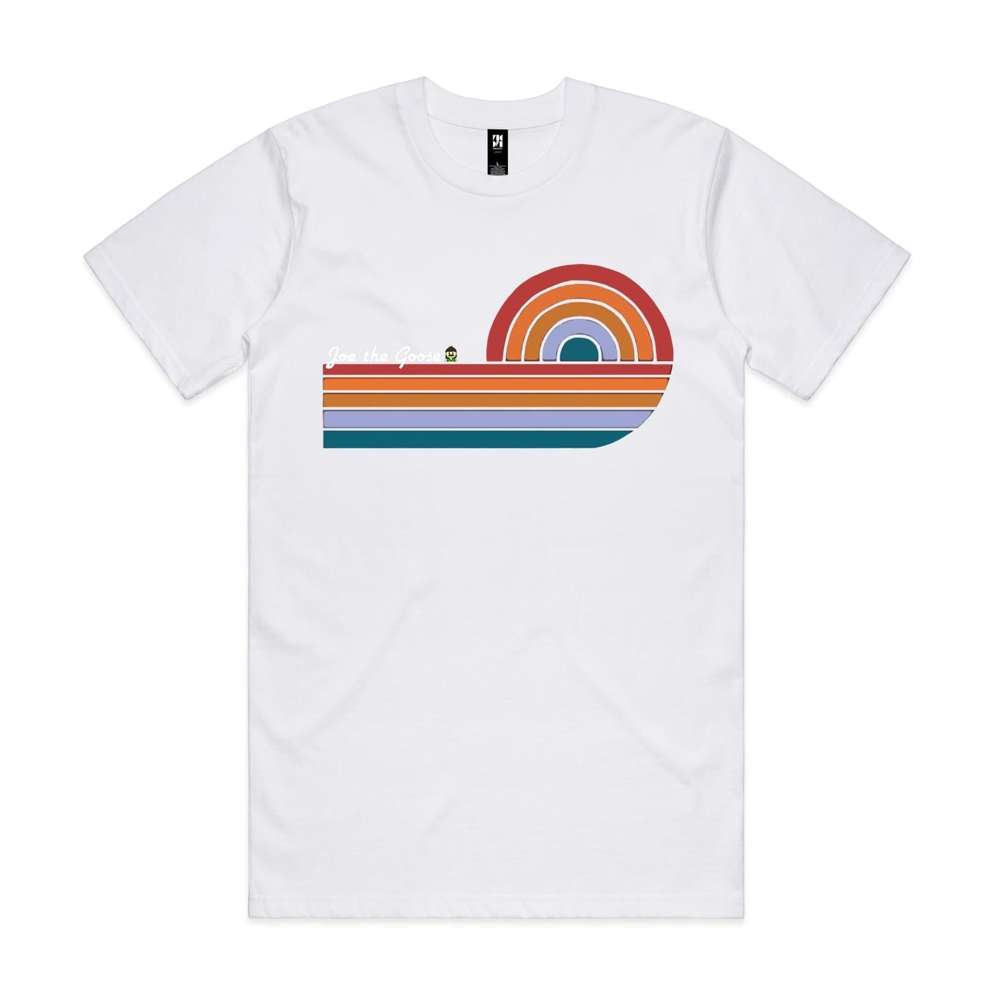 Joe the Goose Apparel white 100% combed cotton classic tee with retro wave graphic and text.