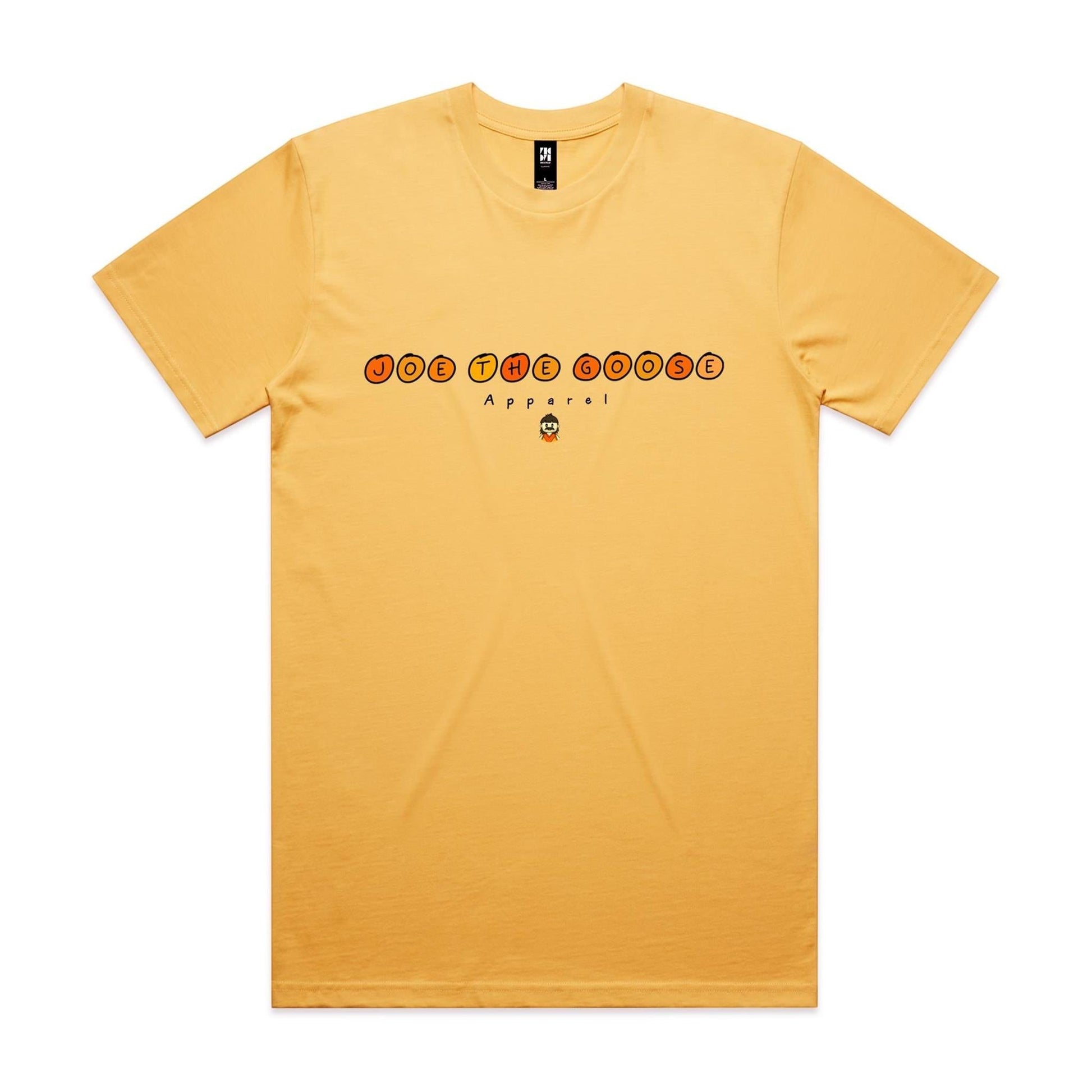Joe the Goose Apparel classic fit yellow 100% combed cotton t-shirt with circular text logo and small graphic.