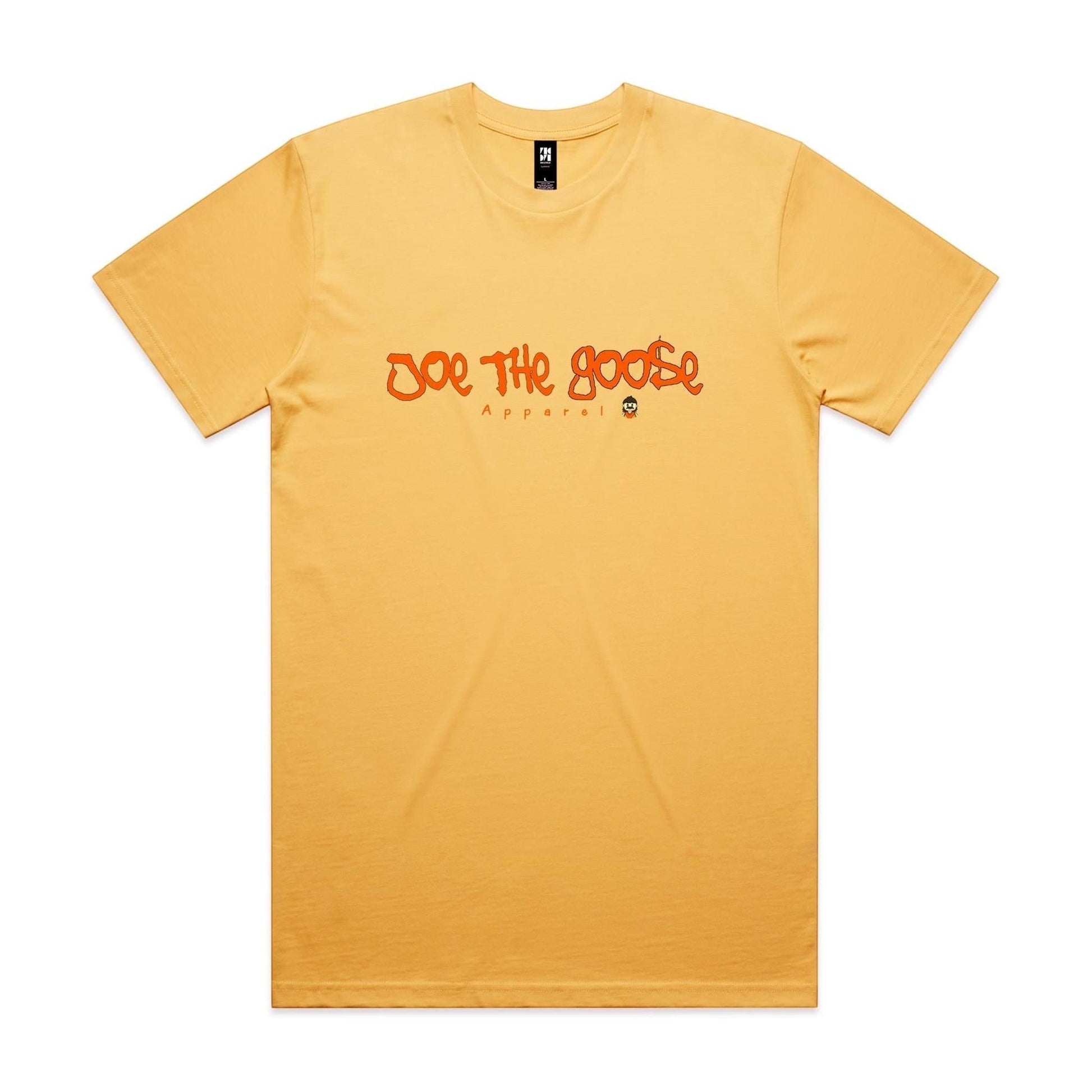 Joe the Goose Apparel yellow 100% combed cotton t-shirt with orange graffiti-style logo and small goose graphic.