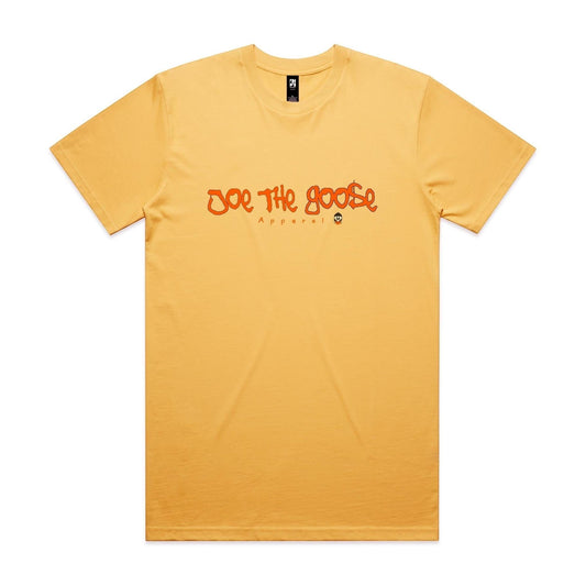 Joe the Goose Apparel yellow 100% combed cotton t-shirt with orange graffiti-style logo and small goose graphic.