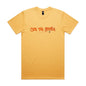 Joe the Goose Apparel yellow 100% combed cotton t-shirt with orange graffiti-style logo and small goose graphic.
