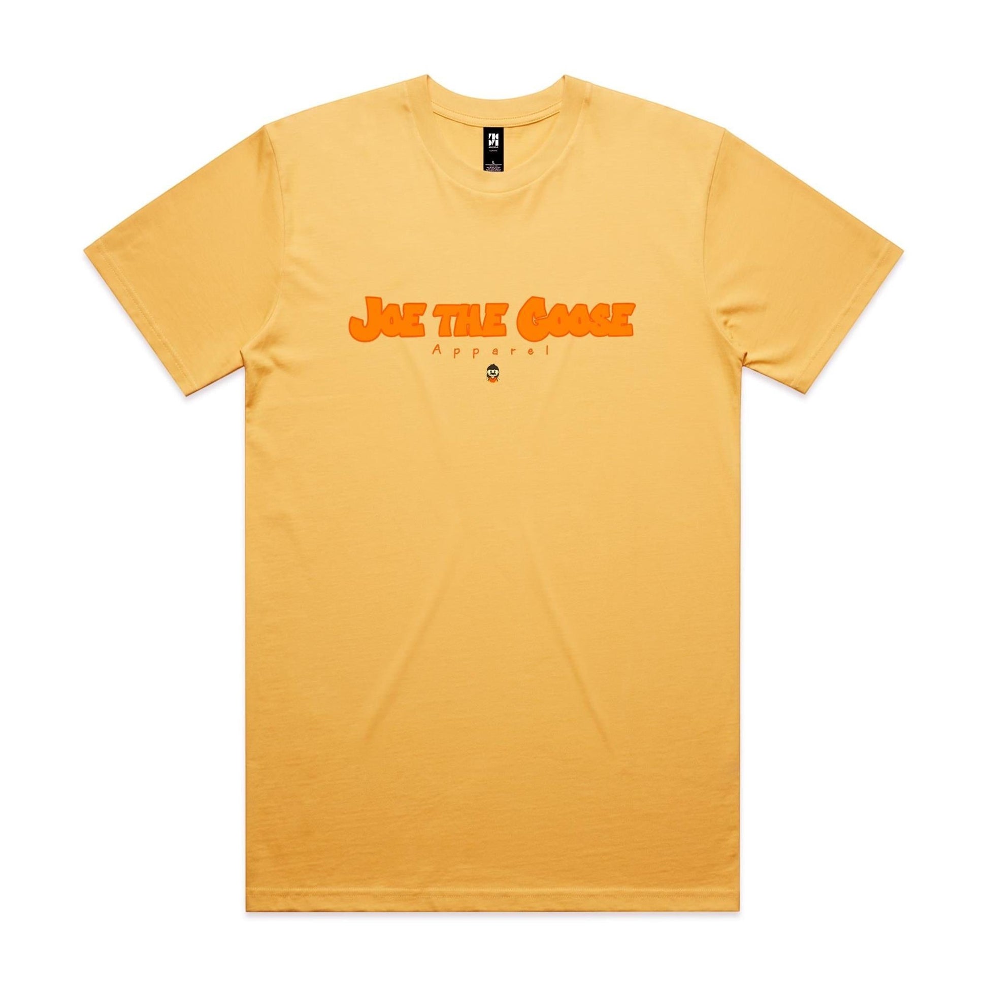 Joe the Goose Apparel classic fit yellow cotton t-shirt with orange fat lettering graphic.