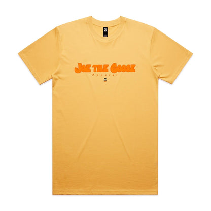 Joe the Goose Apparel classic fit yellow cotton t-shirt with orange fat lettering graphic.